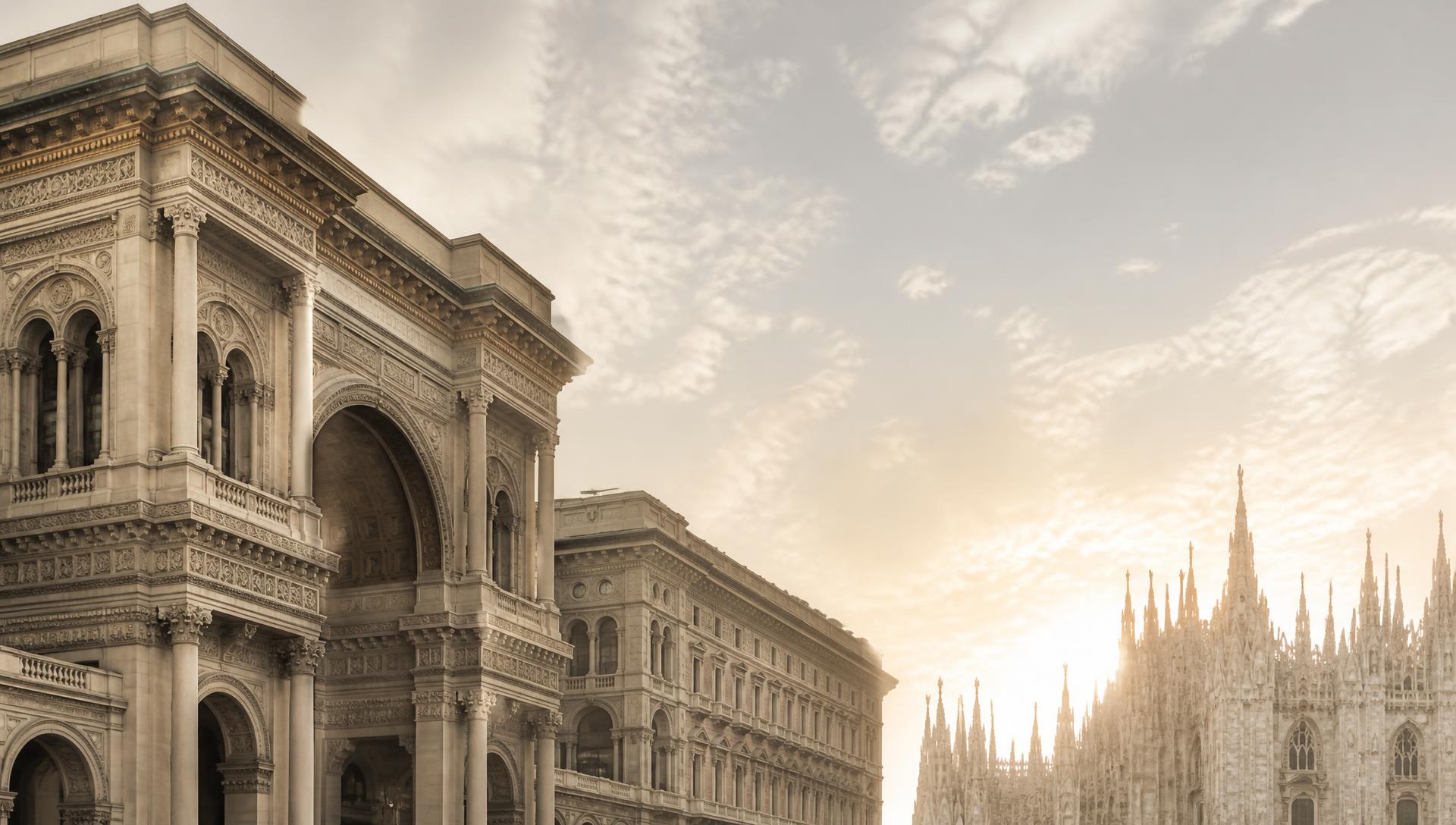 Galleria Vittorio Emanuele II e le guglie del Duomo di Milano all'alba